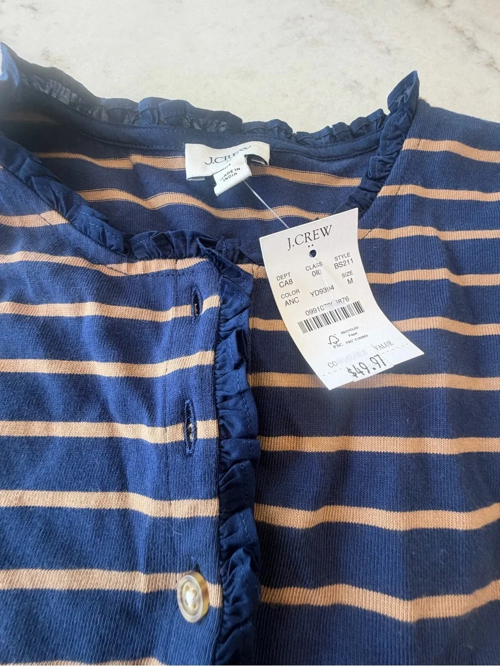 J CREW Striped Navy and Tan Long-Sleeve Henley Top w ruffle detail! New! M